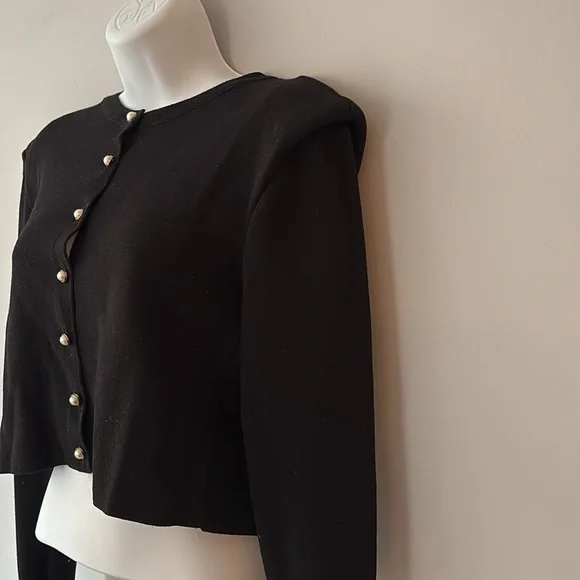Zara Black Viscose Knit Cardigan with Padded Shoulders and Pearl Buttons - Picture 3 of 10